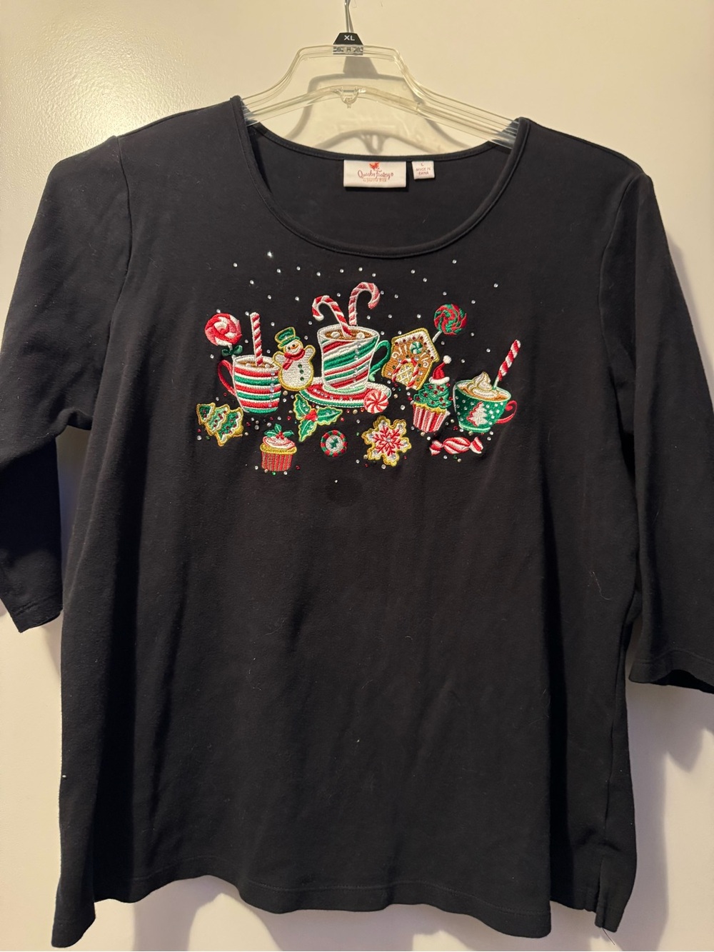 Quacker Factory Black Long-Sleeve Holiday Embroidered Tee